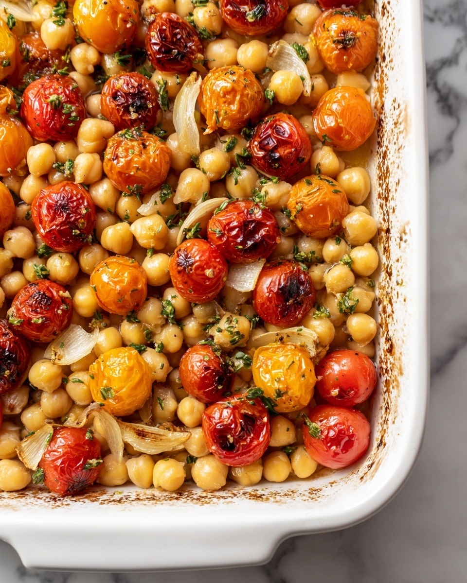 The image shows a close-up of a white baking dish filled with cooked chickpeas and whole cherry tomatoes. The chickpeas form the base layer, pale orange with a soft and slightly moist texture. Scattered across the top layer are roasted cherry tomatoes in red, orange, and yellow colors, some slightly shriveled and blistered with char marks. Thin slices of garlic and bits of green herbs are mixed evenly throughout the chickpeas, adding specks of light beige and green. The edges of the baking dish have browned areas from cooking, and the background is a white marbled texture. Photo taken with an iphone --ar 4:5 --v 7