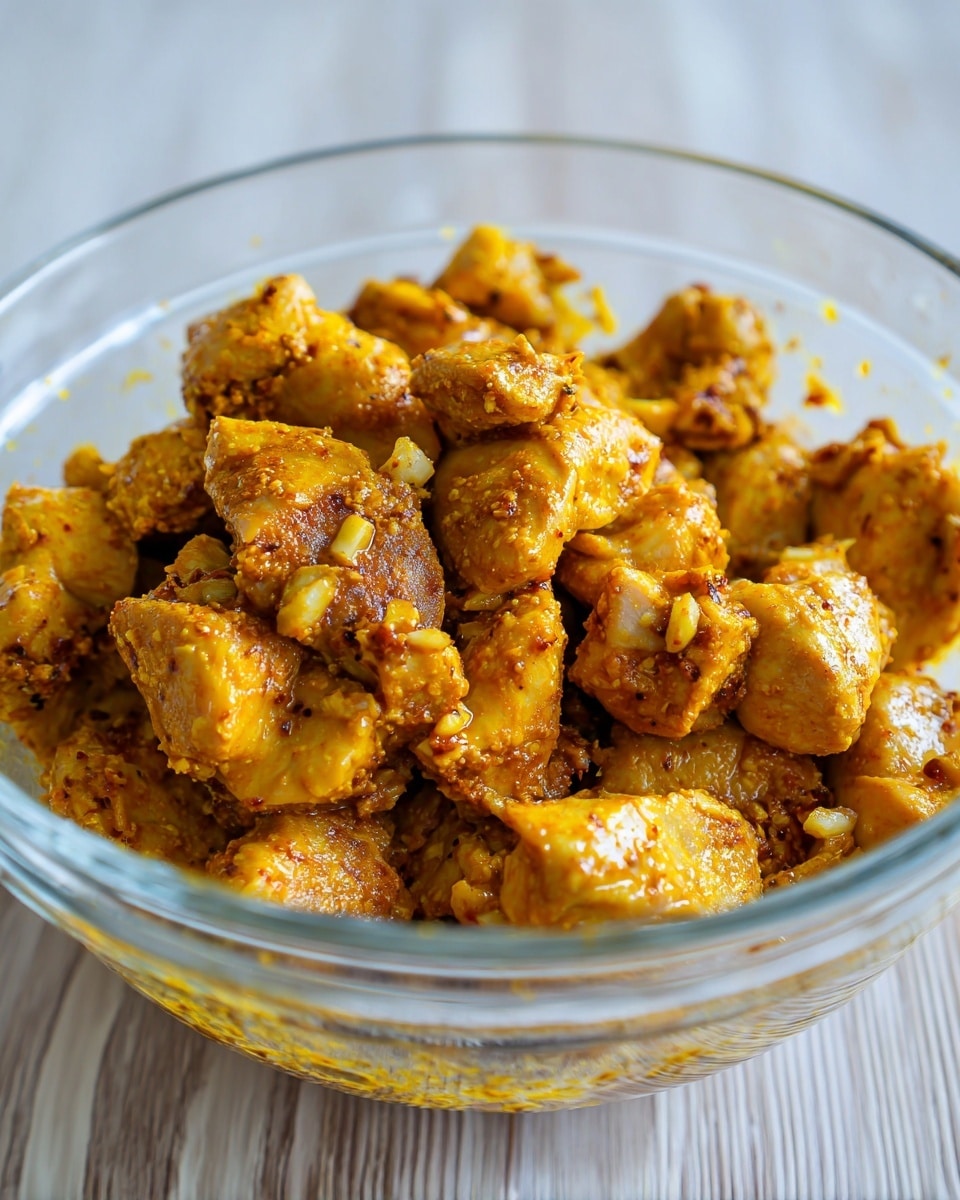 A clear glass bowl filled with many pieces of raw chicken covered in a yellow-orange spice mix, showing a wet texture with small bits of minced garlic mixed in. The chicken pieces have a shiny look, with some pieces larger and some smaller, all sitting closely packed inside the bowl. The bowl is placed on a white marbled surface with a wood grain pattern blurred underneath the bowl, and the photo is taken from above focusing on the chicken inside the bowl photo taken with an iphone --ar 4:5 --v 7