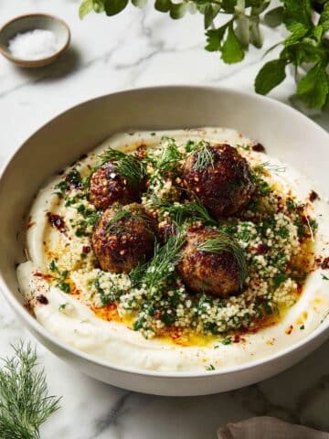 Harissa Meatballs with Fregola and Lemony Yogurt Recipe
