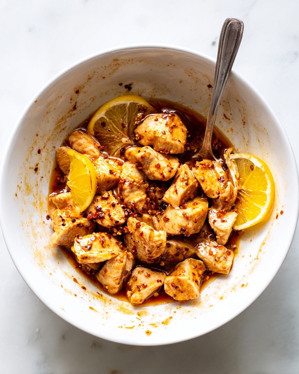 A white bowl filled with bite-sized pieces of raw chicken coated in a shiny, reddish-brown sauce with visible spices. Mixed in with the chicken pieces are a few bright yellow lemon slices, adding a pop of color. A metal spoon is placed inside the bowl, with some sauce on it. The bowl sits on a white marbled surface, showing some sauce smudges on the inside edges of the bowl. Photo taken with an iphone --ar 4:5 --v 7