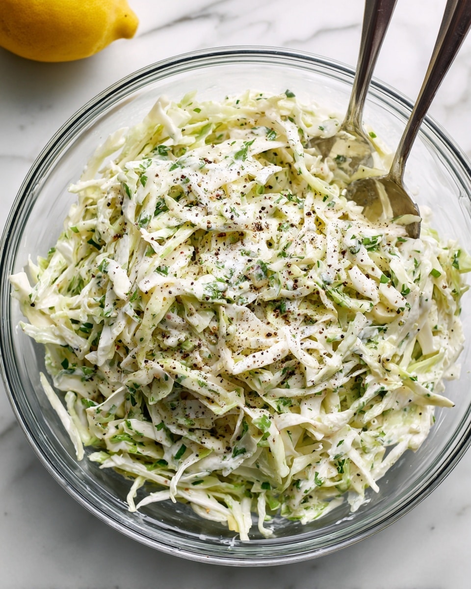 A clear glass bowl filled with creamy coleslaw showing three visible layers: the base layer is shredded white and light green cabbage mixed with chopped green herbs, the middle layer is thick white dressing coating all cabbage strands, and the top layer is sprinkled black pepper scattered over the coleslaw. Two metal spoons are partially visible inside the bowl on the right and left side. The bowl sits on a white marbled surface and a yellow lemon is blurred in the background. photo taken with an iphone --ar 4:5 --v 7