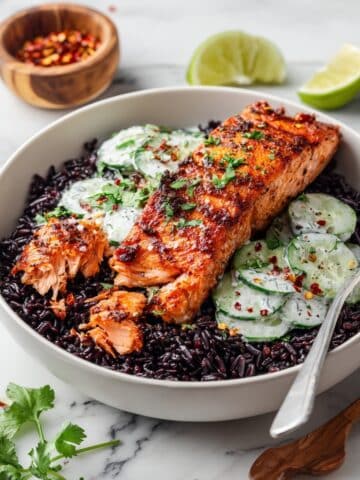 Blackened Miso Salmon with Creamy Coconut Cucumber Salad Recipe