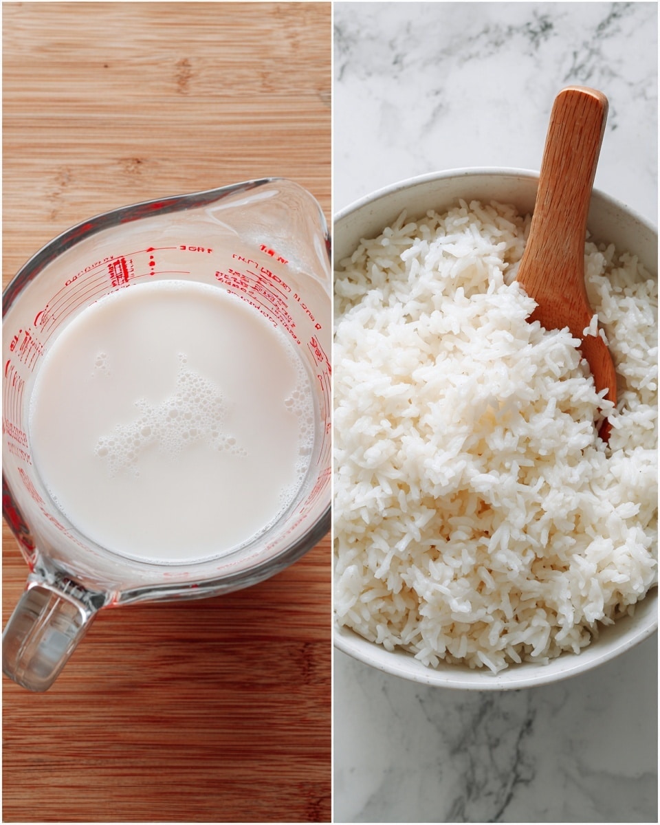The image shows two side-by-side photos on a white marbled texture background. On the left, there is a clear glass measuring cup with red markings partially filled with a cloudy white liquid, placed on a wooden surface. On the right, a white bowl filled with fluffy cooked rice with a wooden spatula partially stirring the rice is seen, the bowl resting on the white marbled texture. photo taken with an iphone --ar 4:5 --v 7
