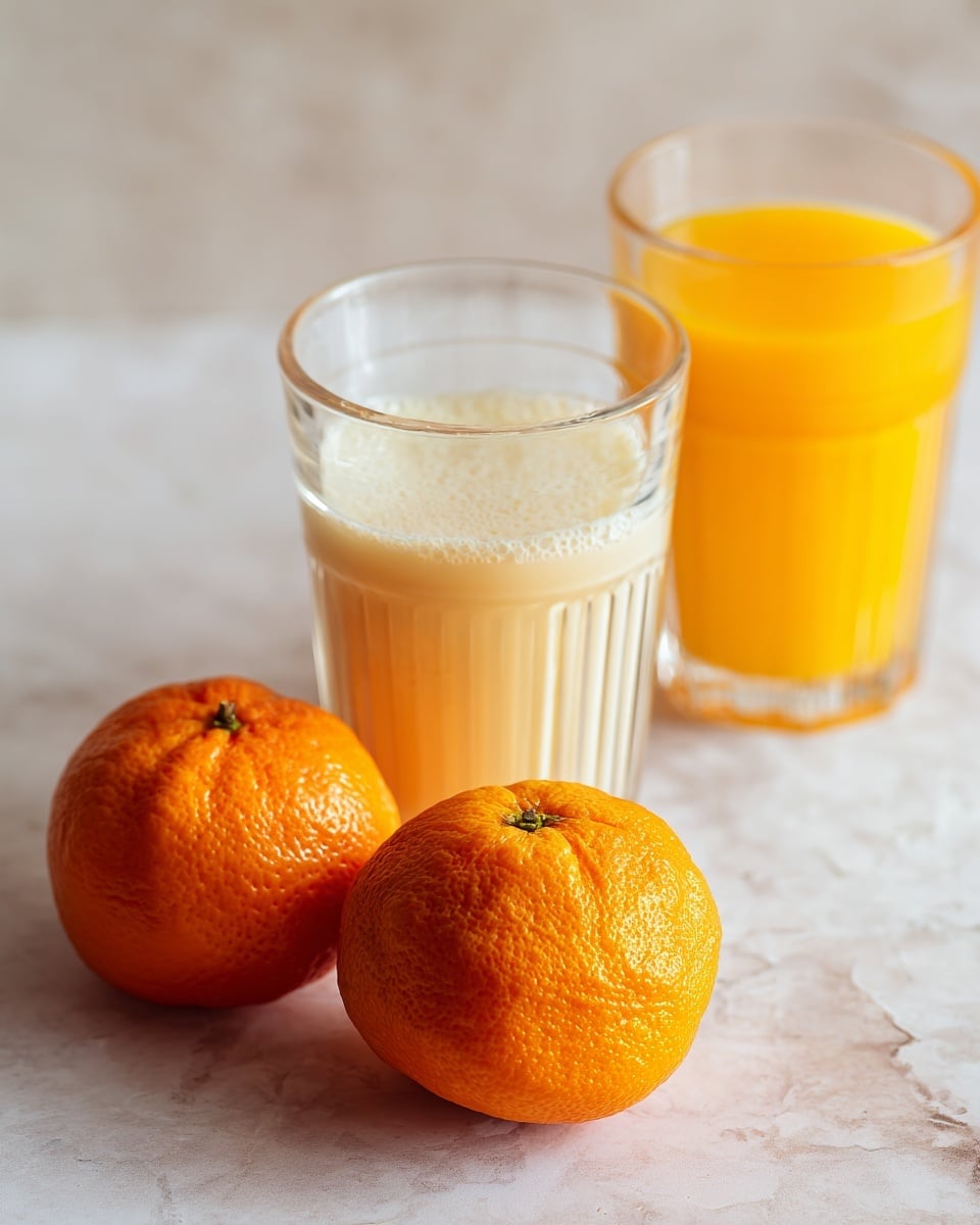 The image shows two whole bright orange fruits with smooth, slightly dimpled skin placed on a white marbled surface. Next to them, there are two clear glasses; one is filled with frothy white liquid and the other with bright yellow-orange juice. The glasses have vertical ridges creating texture and catch the light softly. The arrangement is simple, with the fruits in the front and the glasses behind them, all brightly lit. Photo taken with an iphone --ar 4:5 --v 7