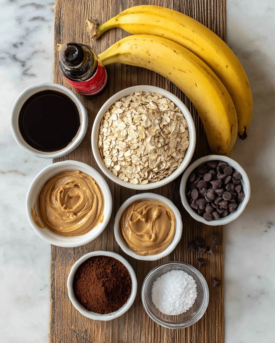 The image shows a top view of seven ingredients arranged on a wooden surface with a white marbled background. At the center is a white bowl filled with light beige rolled oats with a coarse texture. Around it are smaller white bowls holding creamy light brown peanut butter with a smooth swirl at the top, dark brown cocoa powder with a fine texture, and shiny dark brown chocolate chips with a firm, rounded shape. To the left, there is a white bowl with dark liquid coffee and a small bottle of vanilla extract with a red label. On the right side, there is a small glass bowl with white salt. At the upper part of the image, two whole yellow bananas with slight brown spots rest diagonally. The photo was taken with an iphone --ar 4:5 --v 7