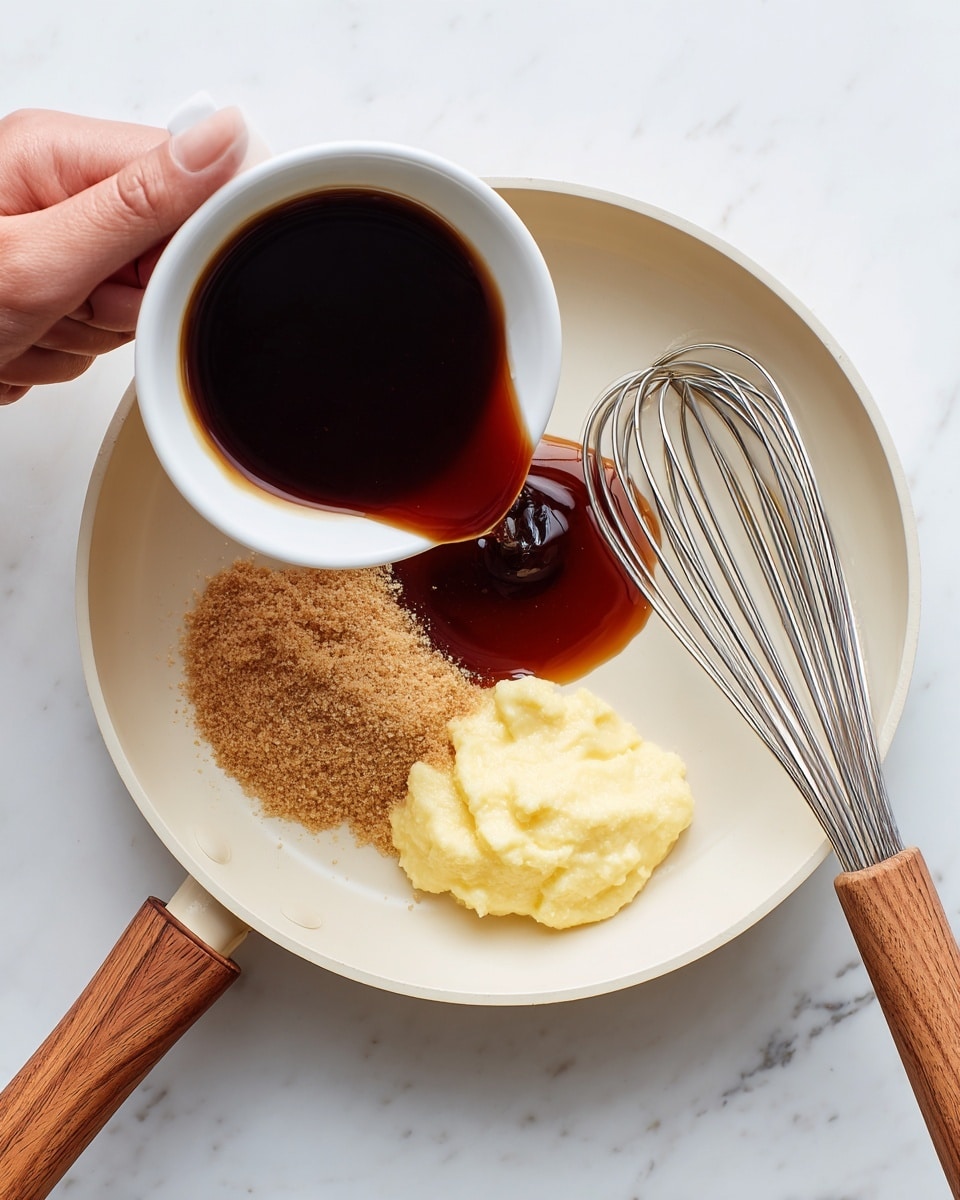 A white pan with a wooden handle sits on a white marbled surface, filled with several ingredients before mixing: a dark brown liquid being poured from a white small bowl held by a woman's hand, light brown sugar forming a small rounded heap, and a pale yellow paste placed near the top right inside the pan. To the right of the pan lies a metal whisk with a light wooden handle. The image has a clean and simple look, showing the preparation stage of a sauce or dressing photo taken with an iphone --ar 4:5 --v 7