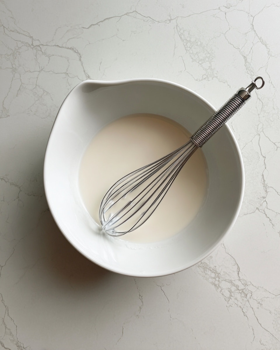 A white bowl with a small spout holds a smooth, white liquid inside, almost filling it halfway. A small metal whisk with a coil handle rests inside the bowl, slightly tilted with one end touching the bowl's edge. The bowl is placed on a surface with a white marbled texture. photo taken with an iphone --ar 4:5 --v 7