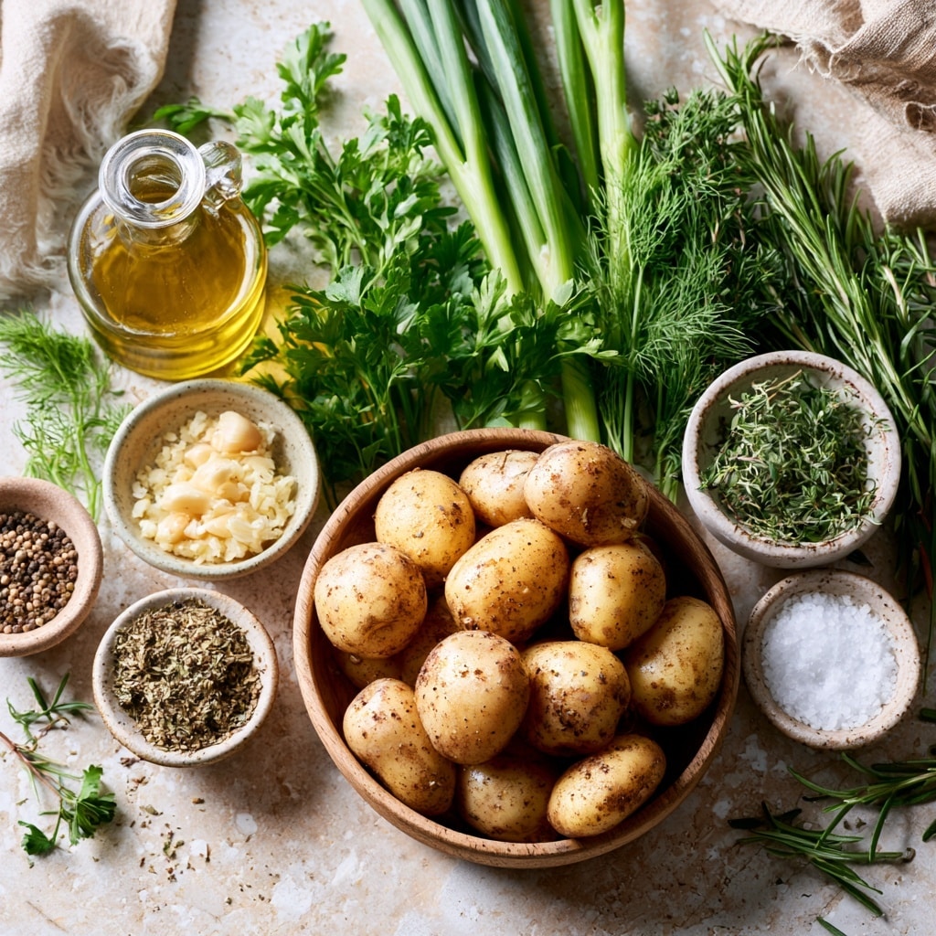 The image shows two close-up views of small round yellow potato pieces on a brown baking sheet. On the left side, a spoon is pressing down one potato, mashing it flat, while some green herb oil with tiny bits is spread over it, making the surface shiny and textured. Several other potatoes, also slightly flattened and topped with the herb oil, are partly visible around. On the right side, many similar small flattened potato pieces are evenly spaced on the same brown baking sheet, being brushed gently with a light blue silicone brush that is spreading the herb oil over them. The potatoes show a mix of golden yellow and light brown colors with specks of black seasoning. The background around the baking sheet is a white marbled texture. photo taken with an iphone --ar 4:5 --v 7