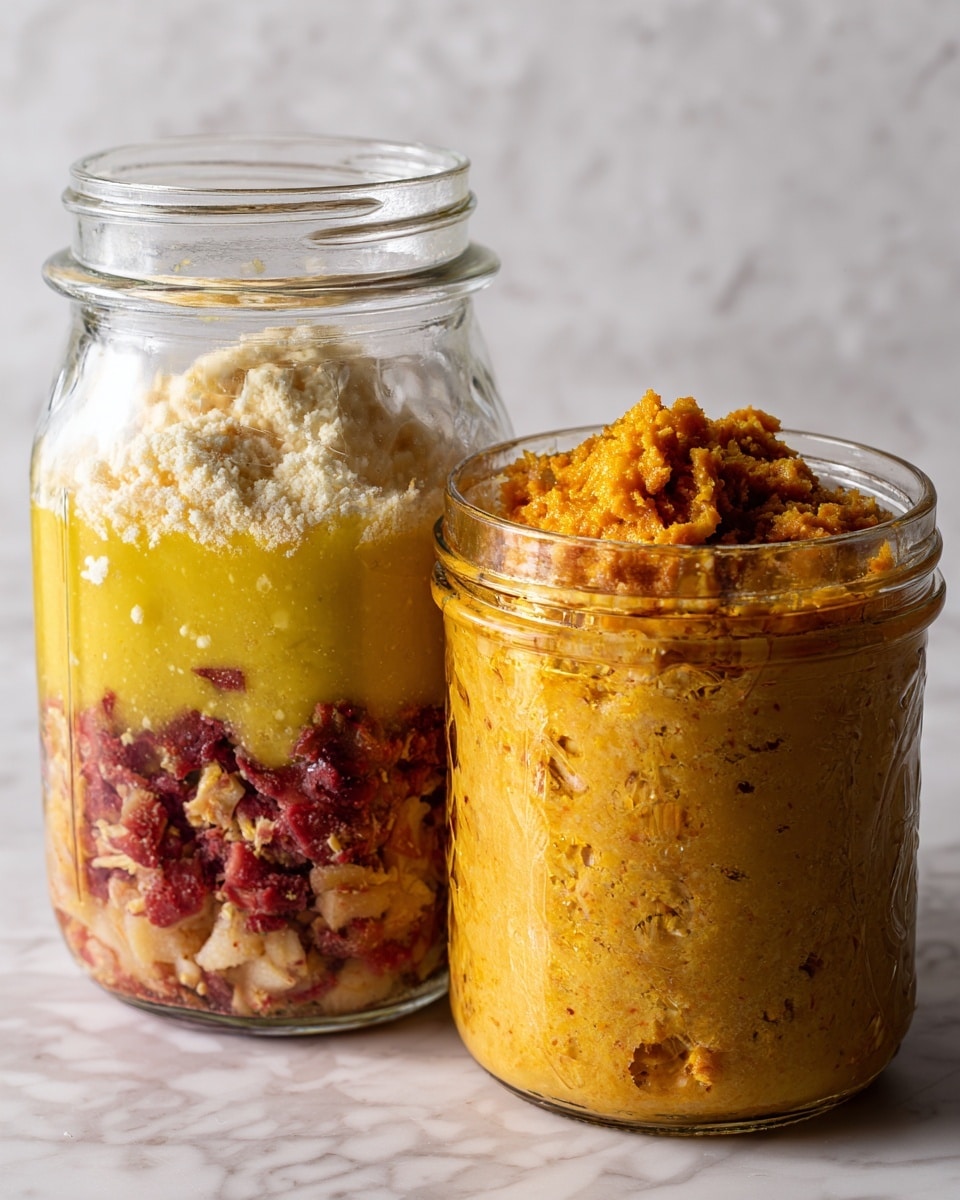 The image shows two glass jars. The first jar, on the left, has three visible layers: at the bottom, a layer of red and light brown chunky pieces, in the middle a thick bright yellow layer, and at the top a white powdery layer; the layers are clearly separated. The second jar, on the right, contains a mixed yellow-orange paste with a slightly grainy texture filling about two-thirds of the jar. Both jars are placed against a white marbled textured background. Photo taken with an iphone --ar 4:5 --v 7