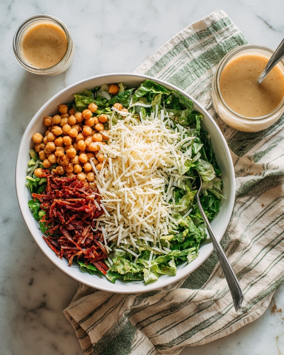 A white bowl filled with a salad that has three main layers: the bottom layer is thinly sliced green cabbage, the middle layer contains small chickpeas scattered throughout, and the top layer has thin strips of dark red meat mixed with grated white cheese. The salad has a mix of green, beige, and red colors with a slightly coarse texture from the cheese and cabbage. A silver spoon is partially inside the bowl on the right side. The bowl is placed on a green and white striped cloth on a white marbled surface. Photo taken with an iphone --ar 4:5 --v 7