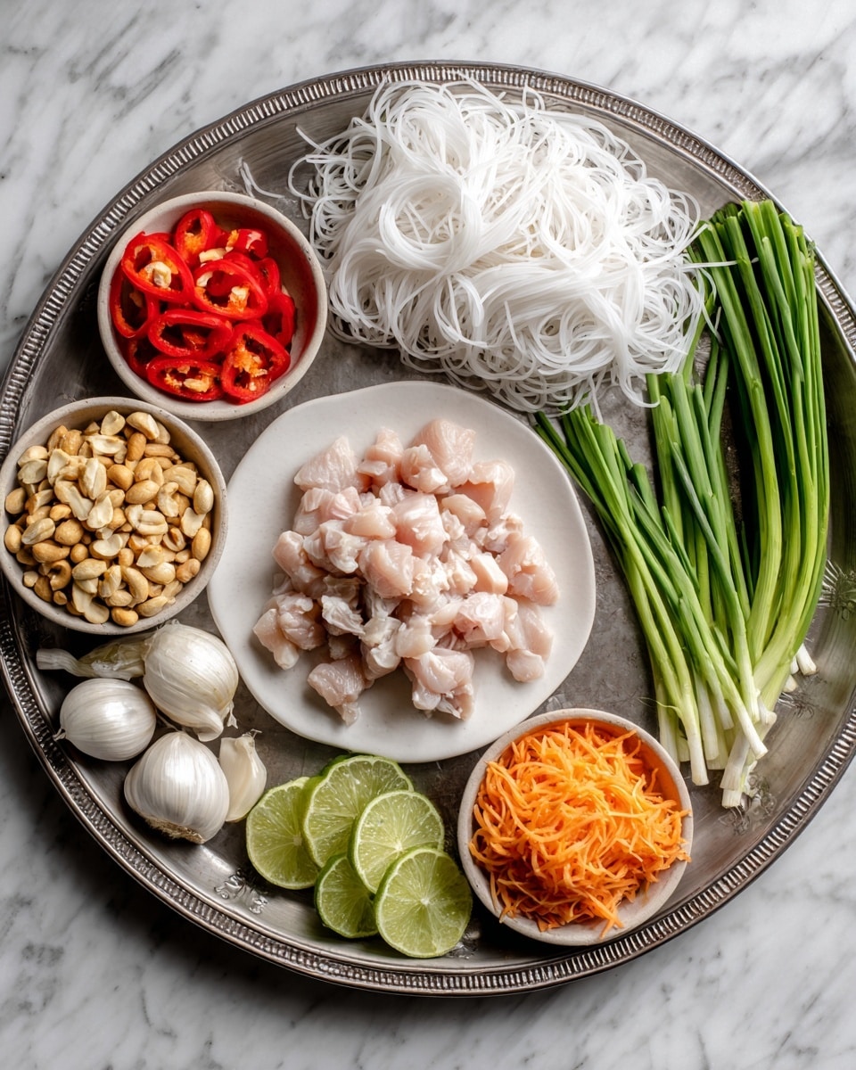 A metal tray holds several ingredients neatly arranged in layers. In the center is a white plate filled with small pink pieces of raw chicken. Above the plate, a heap of white thin rice noodles sits next to a bunch of long green onions on the right. Below the green onions is a small pile of orange shredded carrots mixed with peanuts and green herbs. To the left of the chicken plate, there are red sliced bell peppers, a white bowl with peeled garlic cloves, and two shallots at the bottom left corner. Near the top left corner, a small white bowl contains white bean sprouts. Thin green lime slices are scattered near the chicken and vegetables around the tray. The tray rests on a white marbled surface. Photo taken with an iphone --ar 4:5 --v 7