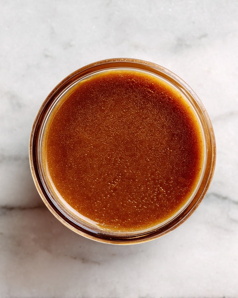 The image shows a clear container filled with a smooth, brown liquid sauce. The sauce has a glossy texture and is evenly spread inside the container. The background is a white marbled surface, and no other objects or details are visible. The shot is taken from above, highlighting the circular shape of the container. photo taken with an iphone --ar 4:5 --v 7
