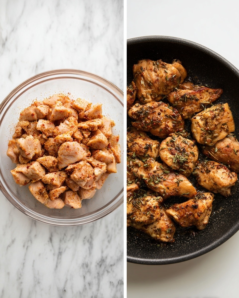 This image has two side-by-side photos on a white marbled surface. The left photo shows a clear glass bowl filled with raw chicken pieces sprinkled evenly with spices, giving them a light orange and brown color with visible pepper flakes. The right photo displays four cooked chicken pieces with a browned, slightly crispy texture, darker edges, and herb-like flecks, all arranged inside a black cast-iron pan. The contrast between the raw and cooked chicken shows the change in color and texture. photo taken with an iphone --ar 4:5 --v 7