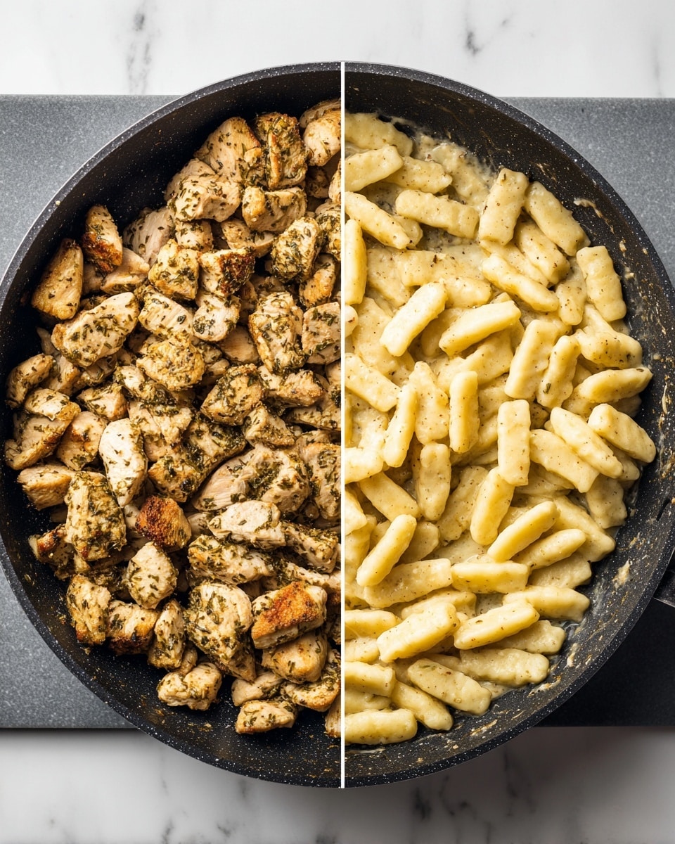 The image shows two side-by-side photos on a white marbled surface. On the left, there is a pile of cooked, seasoned chicken pieces with a light brown and herb-speckled texture. The chicken pieces are small and roughly square-shaped, scattered on a gray cutting board. On the right, there is a black pan filled with a creamy beige sauce. Half of the pan is covered with the cooked chicken pieces seen in the first image, and next to them are several thick, pale yellow gnocchi arranged in a loose pile on one side of the sauce. photo taken with an iphone --ar 4:5 --v 7