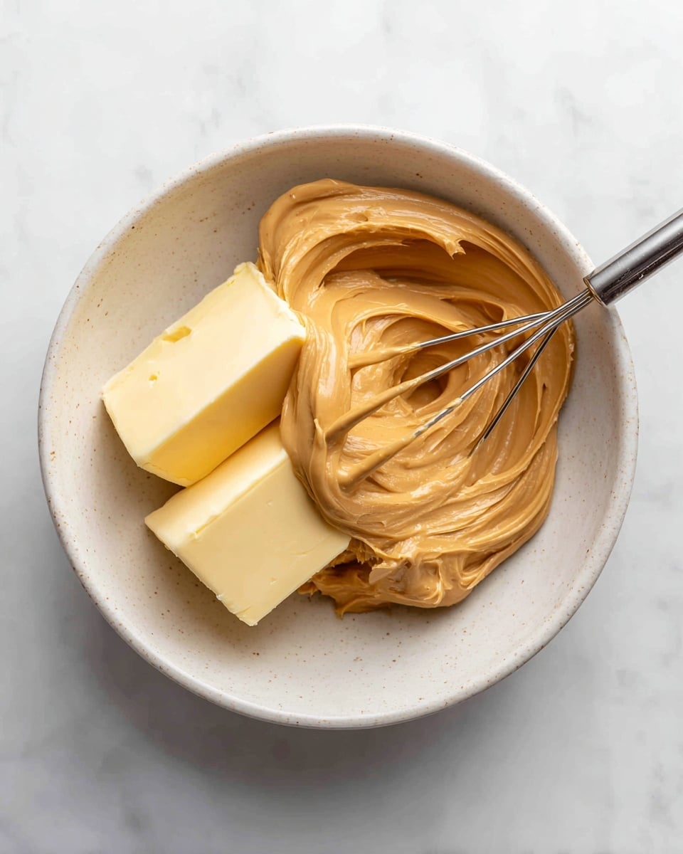In a white bowl with slight speckles, there are two thick pieces of light yellow cream cheese and butter placed side by side. On top of these blocks, a large swirl of smooth, rich, light brown peanut butter sits prominently, with soft peaks and a glossy texture. A silver electric mixer whisk is partially immersed in the peanut butter, touching the edges of the cheese and butter, adding a metallic shine to the warm colors. The bowl rests on a white marbled surface that softly reflects light, creating a clean and fresh background. photo taken with an iphone --ar 4:5 --v 7