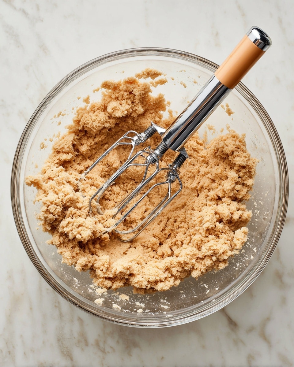 A clear glass bowl filled with light brown, crumbly cookie dough with a rough texture spread unevenly inside. An orange electric hand mixer with silver beaters is resting inside the bowl, coated with some dough. The bowl is placed on a white marbled surface, visible around the edges. photo taken with an iphone --ar 4:5 --v 7