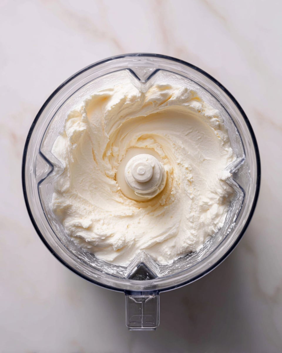 The image shows a clear blender container placed on a white marbled surface. Inside the blender, there is one layer of thick, creamy, white mixture with a smooth texture. The mixture fills the bottom center of the container, appearing soft and slightly fluffy in some areas. The container is transparent, showing the blades and inner sides clearly. Photo taken with an iphone --ar 4:5 --v 7