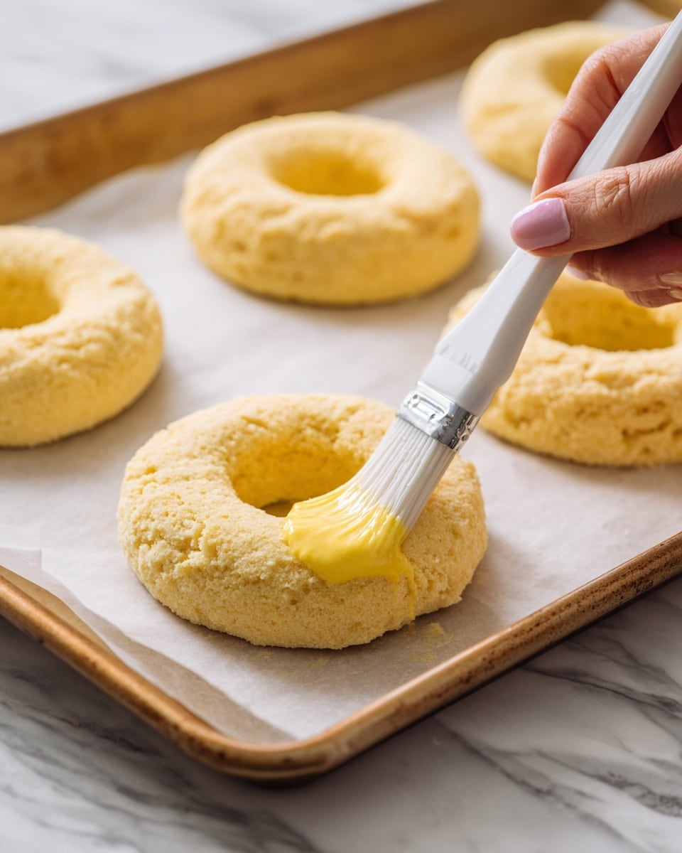The image shows a close-up of a raw dough ring on a baking tray with parchment paper. The dough ring is light yellow and rough in texture, about one layer thick, forming a perfect circle with a hollow center. A white brush held by a woman's hand is brushing a yellow liquid on the top surface of the dough ring. More dough rings are visible blurred in the background on the white marbled surface. The tray edge is rusty brown, contrasting with the light dough and paper photo taken with an iphone --ar 4:5 --v 7