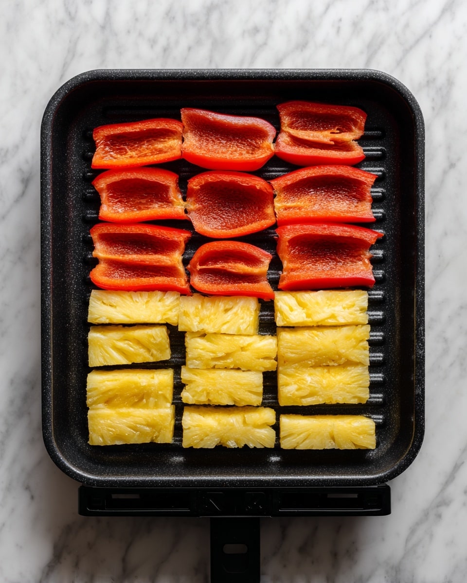 A large piece of marinated meat with a reddish-brown color and visible mustard seed sauce is placed on a black grill pan with raised ridges, showing grill marks forming on the meat. The meat has a glossy texture from the sauce and appears tender. Silver tongs are holding the meat on the bottom right side. The grill pan is set on a white marbled surface. photo taken with an iphone --ar 4:5 --v 7
