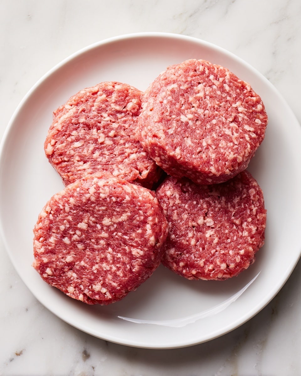 The image shows four grilled meat patties stacked slightly on a white plate. Each patty is thick and has clear dark grill marks across the top, showing a glossy and juicy texture with a reddish brown color. The surface of the patties looks moist and shiny with a mix of caramelized and charred spots, adding depth to their appearance. The background is a white marbled texture. photo taken with an iphone --ar 4:5 --v 7