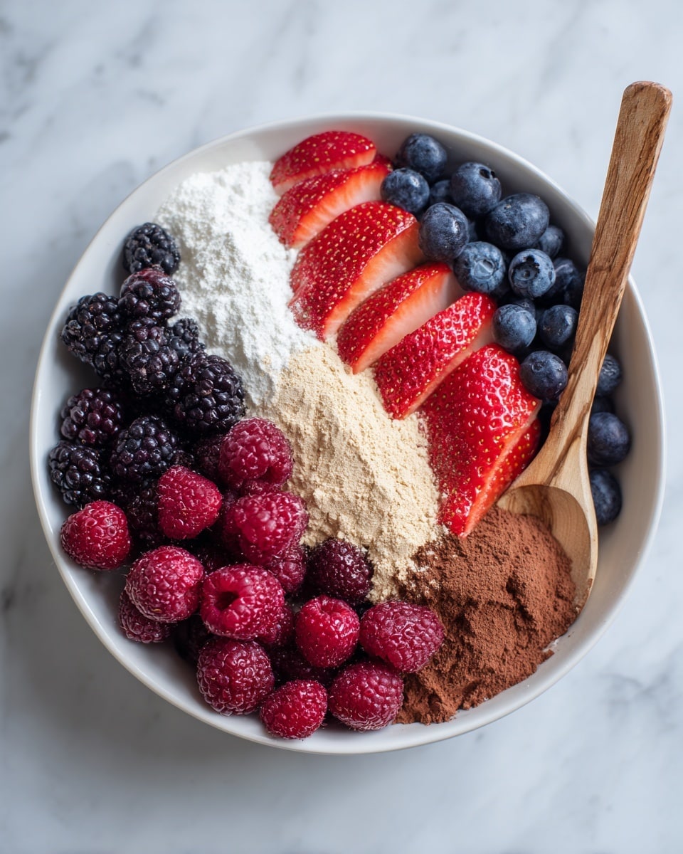 A white bowl with a scalloped edge contains four piles of dry ingredients arranged side by side: white flour on the left, white baking powder or baking soda in a smaller mound on the flour, dark brown spices like cinnamon next to the flour, and a large pile of light brown sugar on the right. A gold wire whisk rests on the brown sugar pile inside the bowl. The bowl is on a white marbled surface. photo taken with an iphone --ar 4:5 --v 7