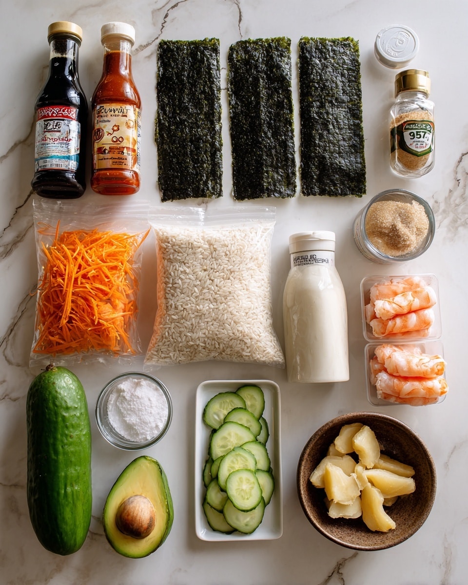 The image shows various sushi ingredients arranged in three rows on a white marbled surface. In the back row, there are three rectangular dark green sheets of seaweed standing upright, with bottles of soy sauce, rice vinegar, and hot sauce in front of them. The middle row features a clear plastic bag of shredded carrots on the left, a white bag of sushi short grain rice in the center, and a white bottle of mayonnaise on the right. The front row includes a jar of salt on the left, a whole avocado and a cucumber lying horizontally, a white rectangular dish with imitation crab sticks, a small brown bowl filled with slices of ginger, and two small glass containers holding sugar and sesame seeds on the right side. The setup gives a clear view of fresh and packaged sushi-making components photo taken with an iphone --ar 4:5 --v 7