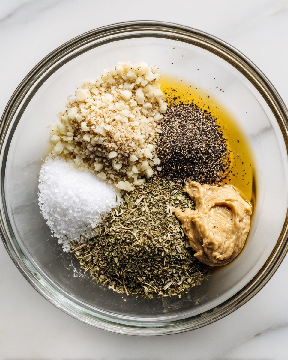 A clear glass bowl sits on a white marbled surface, filled with separate piles of ingredients. Starting from the top left, there is a small mound of minced garlic with a rough, grainy texture. Next to it on the top center is a heap of coarse black pepper, dark with a slightly uneven texture. Below the garlic and pepper to the left, a small white pile of salt lies with a fine, granular texture. To the right and slightly overlapping, there is a large clump of dried green herbs with a mix of small leaves and stems. The bowl also contains a pool of shiny golden liquid, likely honey or oil, smooth and reflective, with a thick dollop of creamy brown mustard resting on the surface to the right. The ingredients are clearly separated and neatly arranged in the bowl. photo taken with an iphone --ar 4:5 --v 7
