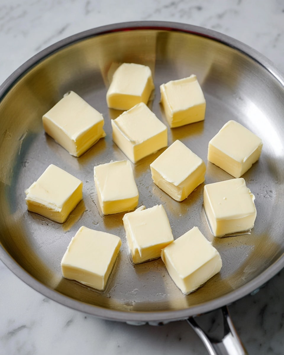 The image shows a close-up of a silver pan with thirteen small, evenly sized squares of pale yellow butter placed inside it. The butter pieces are spaced out but mostly gathered near the center of the pan, each with smooth edges and a soft texture that suggests they are starting to melt. The shiny surface of the pan reflects the light softly. The background surface is a white marbled texture. photo taken with an iphone --ar 4:5 --v 7
