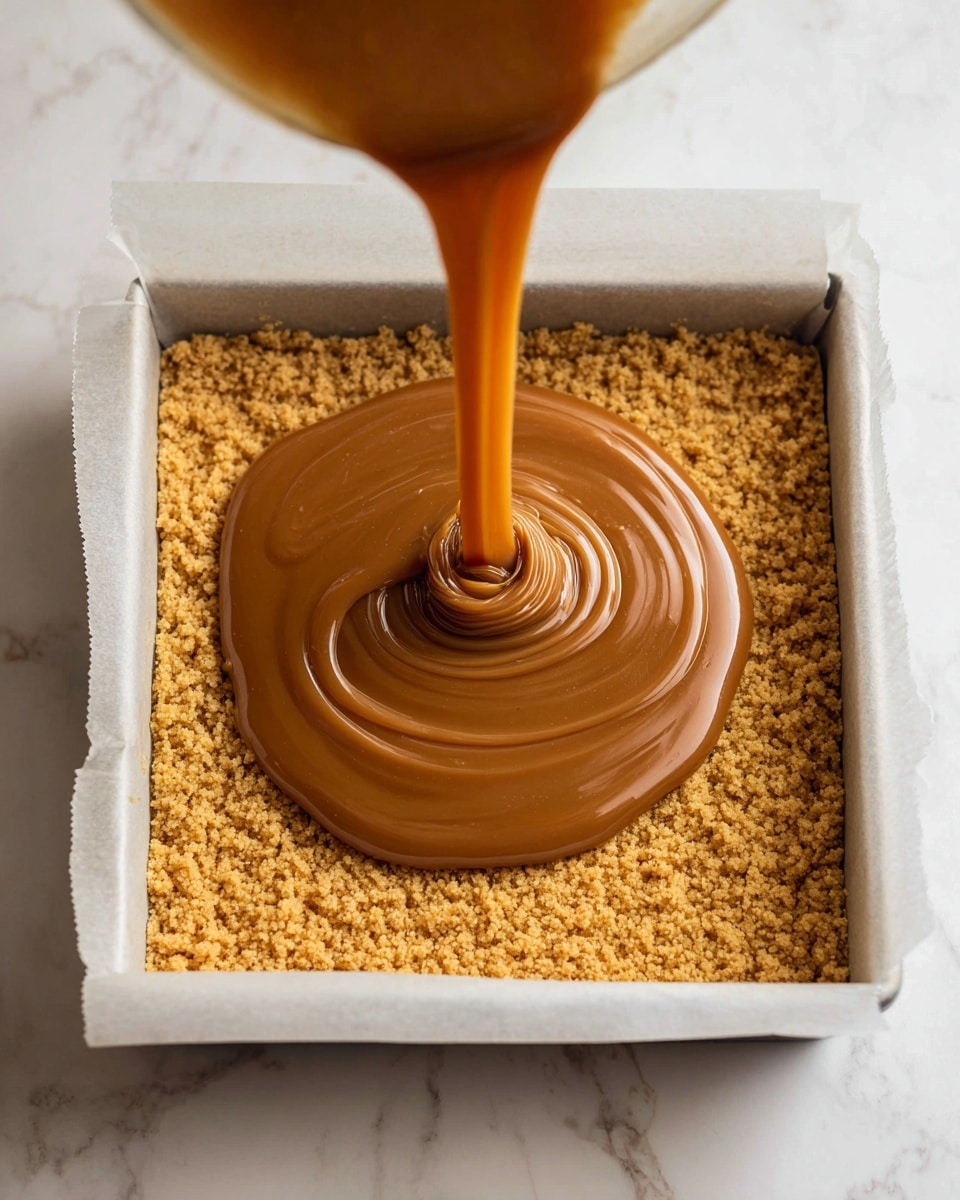 The image shows a square white baking tray lined with parchment paper on a white marbled surface. The bottom layer is a thick, golden, crumbly crust that fills the entire tray evenly. A smooth, thick caramel-colored layer is being poured slowly in the center, spreading outward in a circular motion on top of the crust. The caramel has a glossy texture, with soft swirls visible as it settles. Photo taken with an iphone --ar 4:5 --v 7