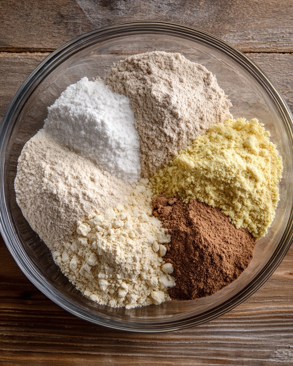 A clear glass bowl holds six piles of dry ingredients neatly separated from each other on a wooden surface. The piles include a white granulated powder, a light beige fine powder, a light brown sifted flour, a darker brown powder, a pale yellow crumbly mixture, and a light brown powder with a slightly coarser texture. Each pile is distinct and fills a small portion of the bowl, creating a rainbow-like pattern of neutral shades. photo taken with an iphone --ar 4:5 --v 7