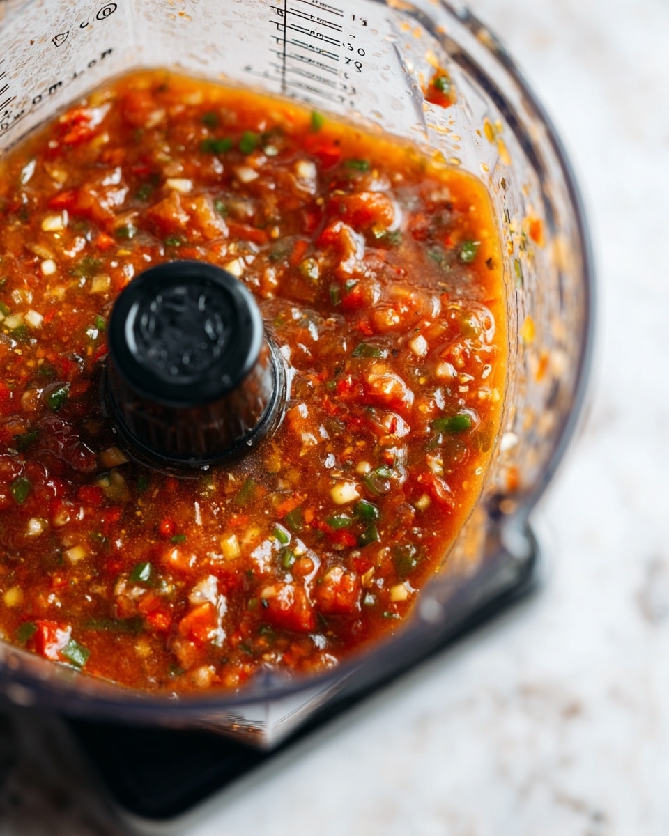A close-up view of a blender container filled with a mixed, chunky sauce or salsa showing visible small pieces of red, green, and light yellow ingredients blended together, creating a textured mix with a slightly liquid base. The blender container is clear with measurement markings on its side, and the black blender blade center is visible above the mixture. The background is a white marbled surface, adding a clean look to the scene. Photo taken with an iphone --ar 4:5 --v 7