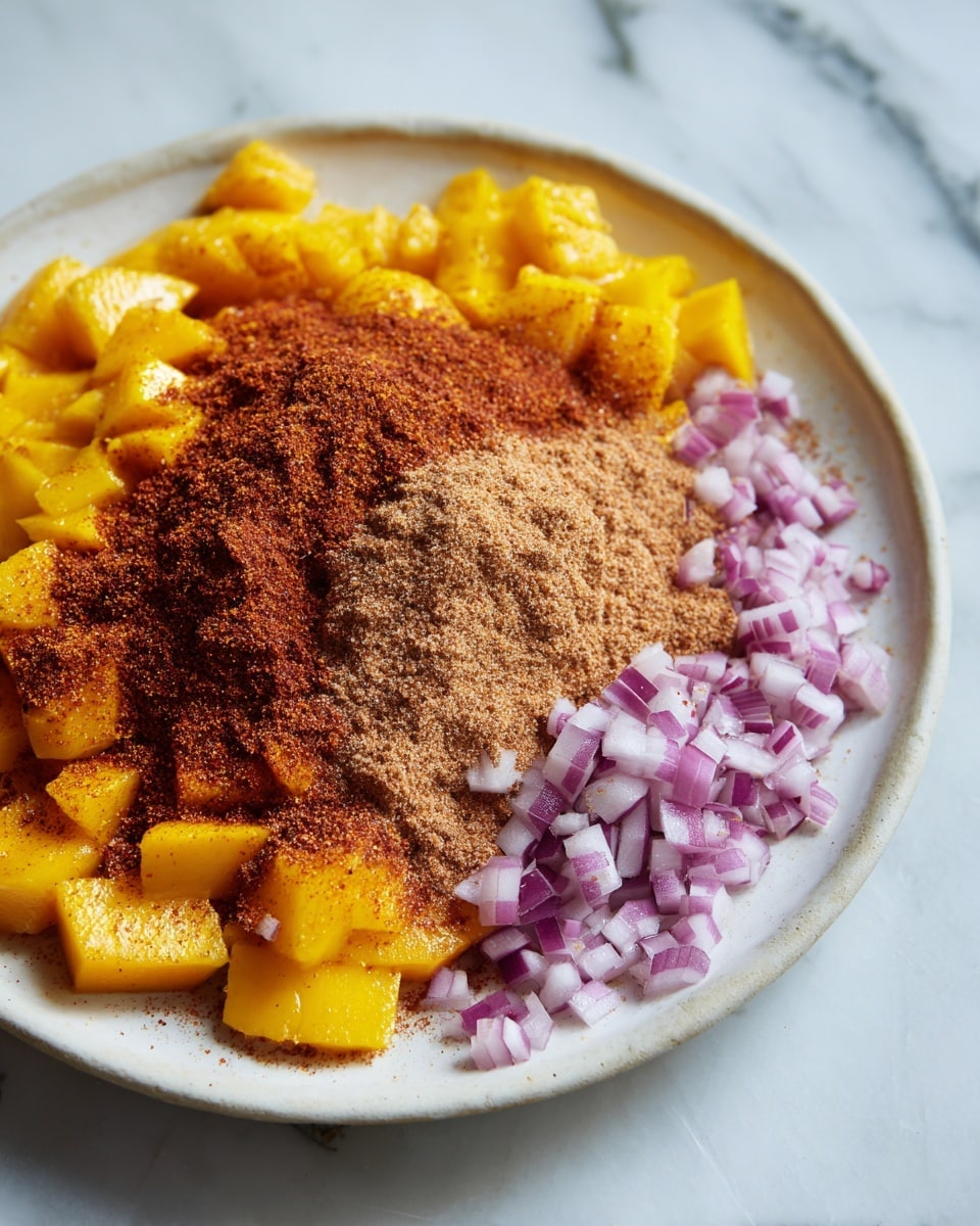 The dish shows a close-up of chopped yellow mango pieces mixed with a generous layer of reddish-brown chili powder on one side and a thick mound of light brown powder on top, likely a seasoning. Around the edge of the white plate, there are small, diced purple onion pieces evenly spread, adding a contrast of colors. The mango chunks have a shiny, juicy texture and are layered loosely in the middle, with the powders sitting on top and slightly blending into the fruit. The background is a white marbled surface. Photo taken with an iphone --ar 4:5 --v 7
