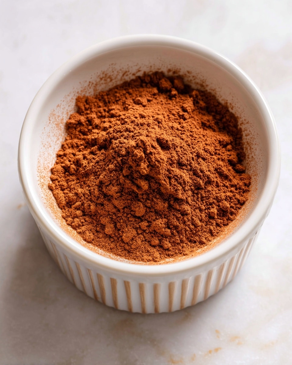 A close-up image shows a white bowl with fine reddish-brown powder piled in the center and spread thinly around the edges inside the bowl. The bowl has vertical ridges that add texture, and it rests on a white marbled textured surface. The powder looks soft and dry, with small clumps in the middle and a smooth spread on the sides. photo taken with an iphone --ar 4:5 --v 7