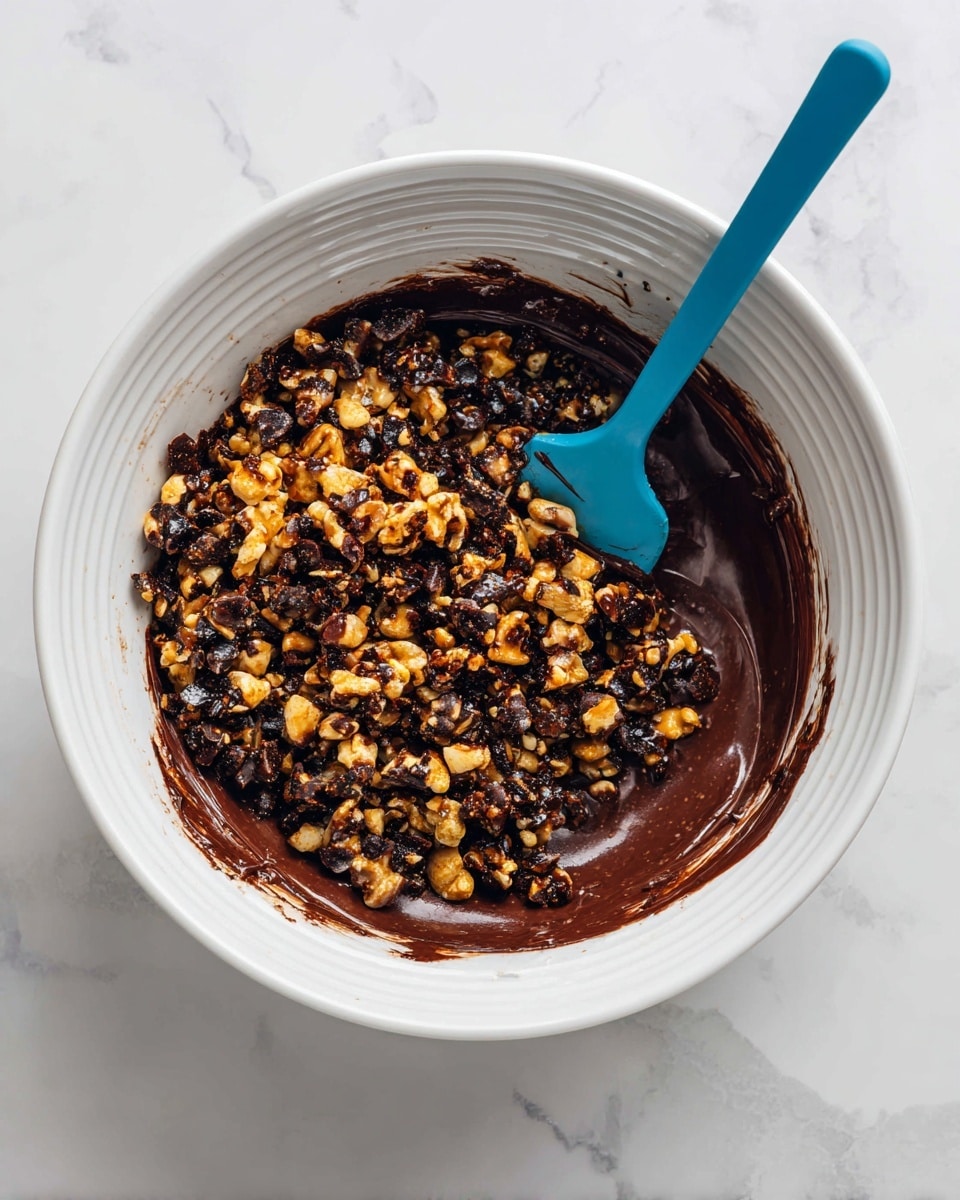 A white bowl with ridged texture holds a thick, dark brown chocolate mixture spread unevenly at the base, topped with a heap of roughly chopped dark, dried fruits or nuts, giving a chunky texture. A blue spatula rests inside the bowl, partially immersed in the chocolate mixture with some of it sticking to the spatula’s surface. The background is a white marbled texture. photo taken with an iphone --ar 4:5 --v 7