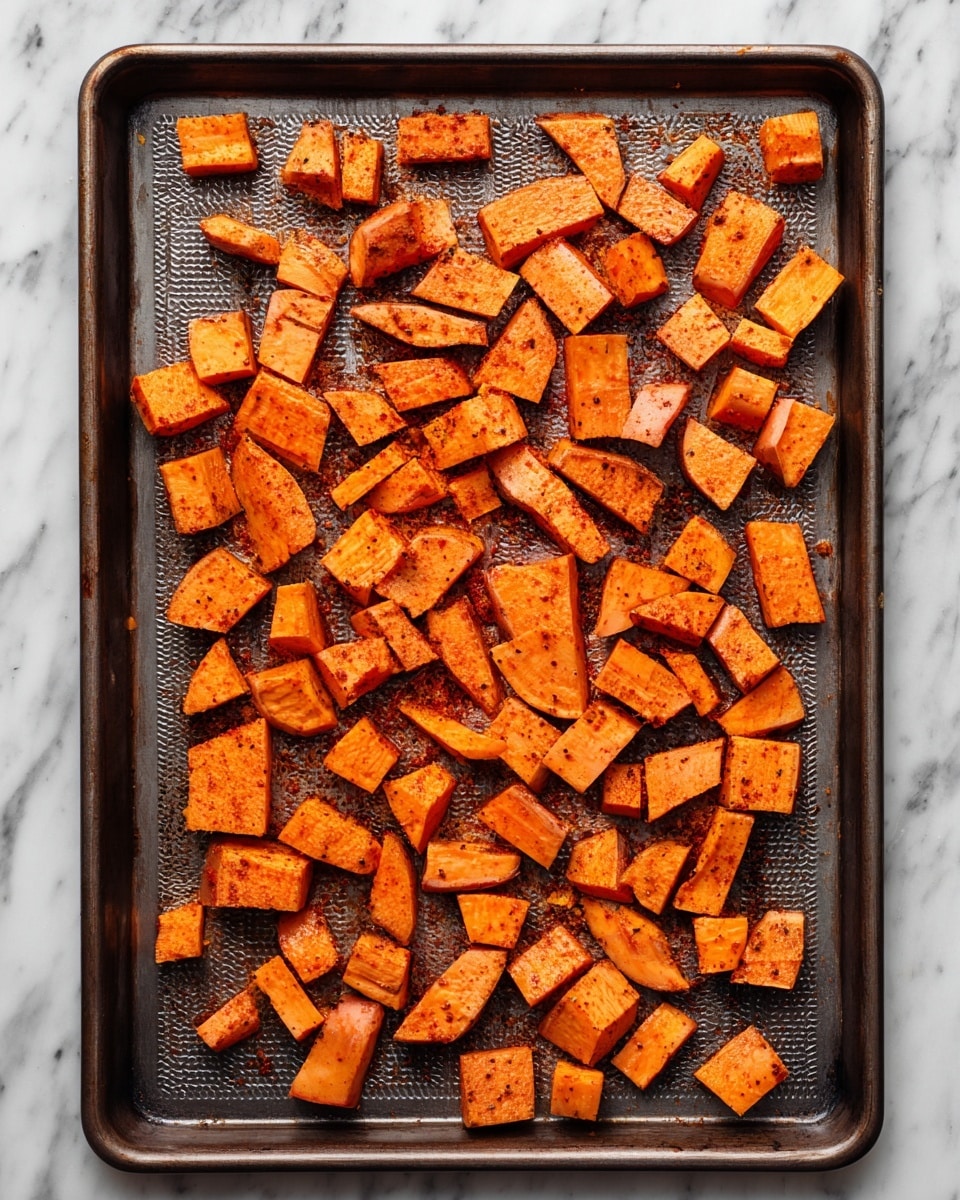 The image shows many small pieces of bright orange sweet potato spread out evenly on a dark metal baking tray. Each piece looks coated with reddish spices, giving a slightly rough and textured look. The sweet potato chunks vary in size but are mostly rectangular, and the inside of the tray is textured with a pattern of small raised dots. The tray edges have a dark metal shine, and the whole scene is set on a white marbled surface. photo taken with an iphone --ar 4:5 --v 7