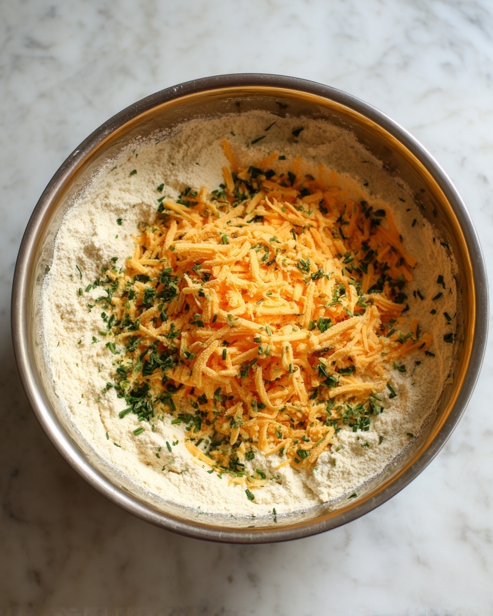 The image shows a metal bowl filled with a layer of pale beige flour covering the bottom and sides, topped in the middle with a mound of bright orange shredded cheese and sprinkled all over with small green chopped herbs. The textures are powdery for the flour, soft and stringy for the cheese, and finely chopped for the herbs. The bright cheese sits sharply against the light flour, and the green herbs add a fresh touch on top. The background is a white marbled surface. photo taken with an iphone --ar 4:5 --v 7