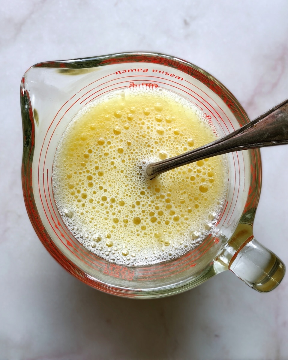 A clear glass measuring cup with red markings holds a light yellow, bubbly liquid mixture being stirred by a vintage metal spoon. The cup is placed on a white marbled textured surface. The liquid has small bubbles all over, giving it a foamy look. photo taken with an iphone --ar 4:5 --v 7