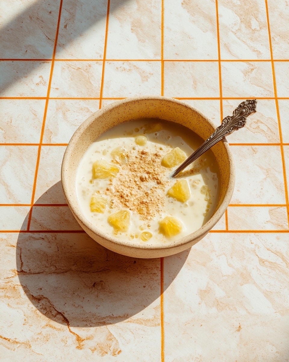 A textured light beige bowl holds a creamy white liquid, with small chunks of soft yellow fruit near the bottom right edge. A light brown powder is sprinkled in the center of the liquid, spreading thinly outward. A metallic spoon with an ornate handle rests inside the bowl on the right side. The bowl is placed on a finish with a white marbled texture and a pattern of orange grid lines around it. photo taken with an iphone --ar 4:5 --v 7