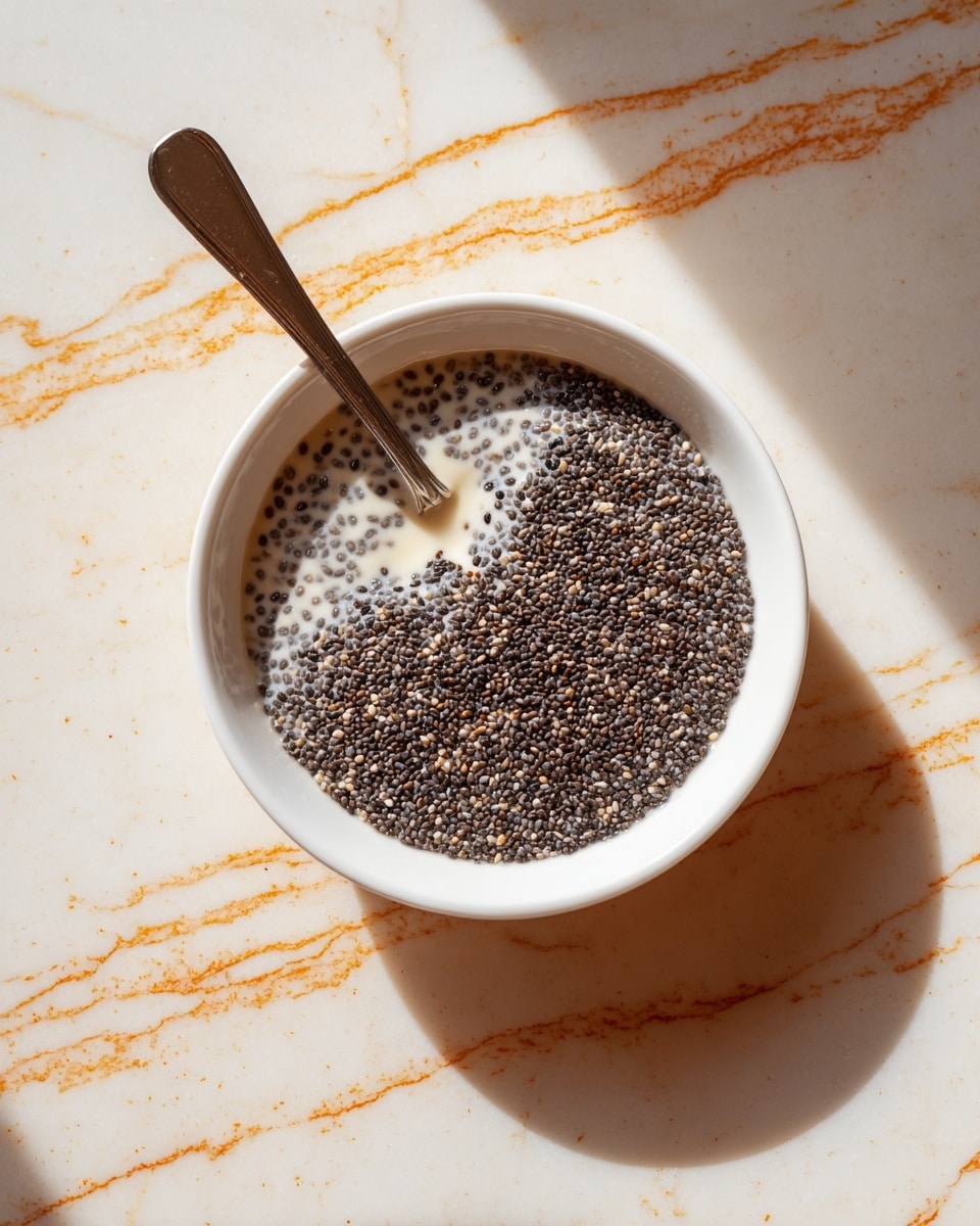 A white bowl filled with a creamy liquid topped with a thick layer of tiny black seeds covering almost the entire surface, except for a small wedge-shaped section in the middle where the creamy liquid is visible. A metal spoon with a simple design rests inside the bowl, positioned in the open wedge area with its handle extending outwards. The bowl sits on a white marbled surface with a pattern of orange grid lines. The lighting casts soft shadows around the bowl and spoon, creating a warm and cozy feel photo taken with an iphone --ar 4:5 --v 7