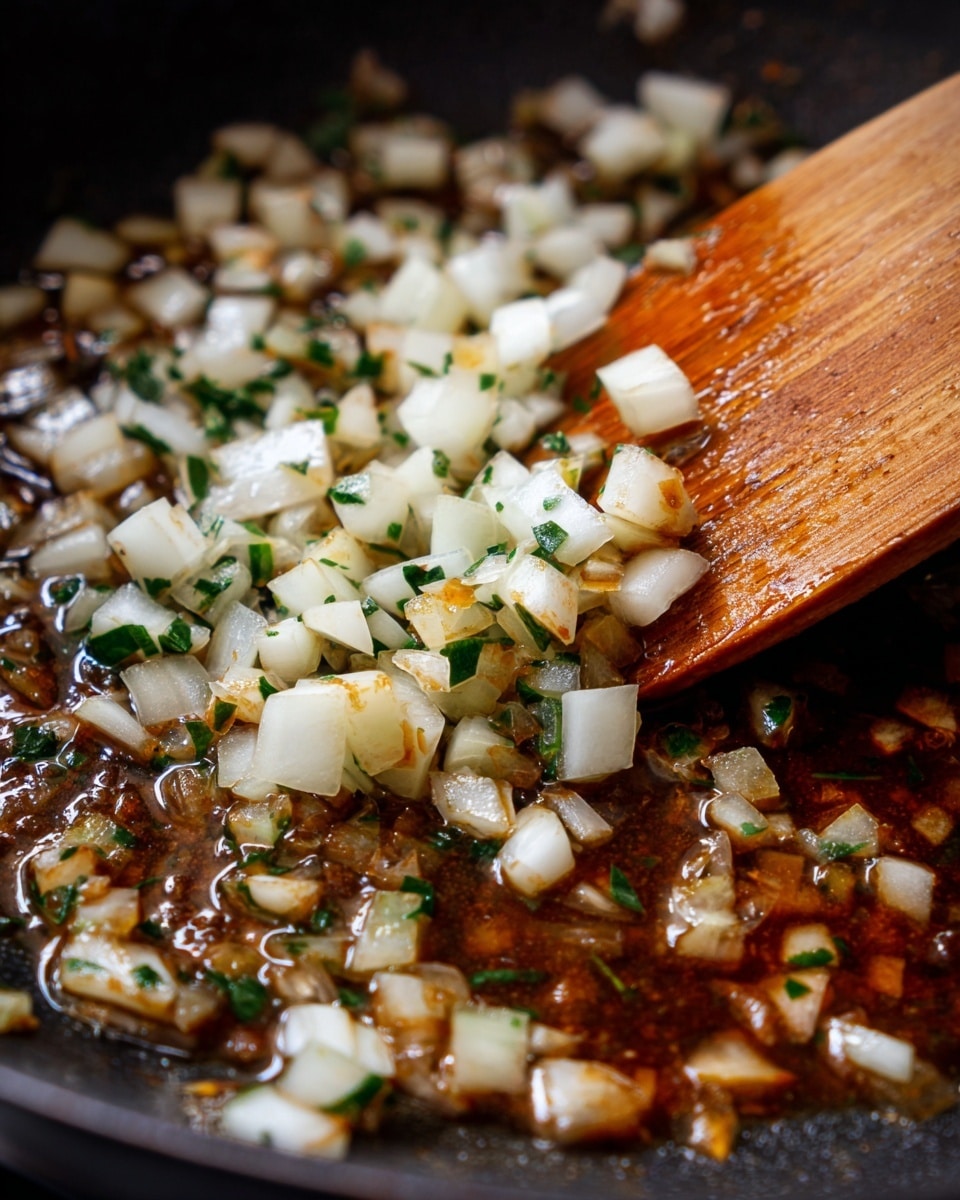 This close-up image shows diced white onions cooking in a pan with herbs and a brown liquid sauce spreading around them. The onions are in small square layers, softening with a glossy texture as they mix with the herbs. A wooden spatula is partially visible on the right, slightly lifting some onions. The pan's surface is dark and smooth, contrasting with the light colors of the onions and sauce. The background shows a soft focus of more onions and sauce blending together, giving a warm, savory cook feel. Photo taken with an iphone --ar 4:5 --v 7