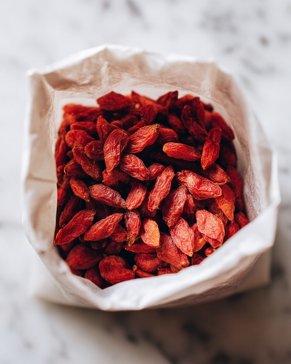 The image shows a close-up view inside an open white pouch filled with many small, dried red berries. The berries are elongated and wrinkled, packed tightly together in the pouch. The pouch edges gently curve inward, framing the vibrant red berries at the center. The background is a soft white marbled surface that gives a clean and bright look. photo taken with an iphone --ar 4:5 --v 7