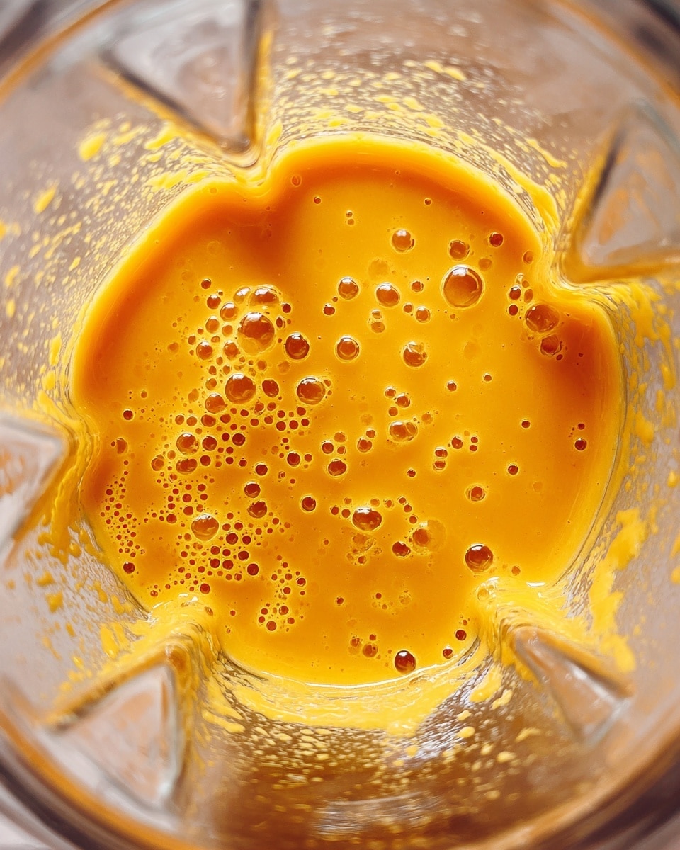 The image shows a top view inside a blender jar filled with a smooth, bright orange liquid with many small bubbles on its surface. The blender blades are visible at the bottom around the liquid, adding light reflections that cast bright spots on the inside walls. The jar’s inside looks clean and slightly shiny, with the orange color fading softly toward the edges. The background is a white marbled texture. photo taken with an iphone --ar 4:5 --v 7