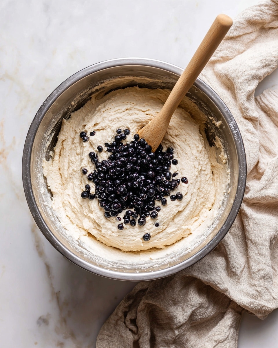 A large silver mixing bowl sits on a white marbled surface, filled with a thick light beige dough that looks soft and smooth. On top of the dough, there is a pile of small dark purple berries scattered in the center. A wooden spatula with a light handle is partly sunk into the dough, angled slightly downward from the front of the bowl. Behind the bowl, a loosely woven beige cloth is softly draped, adding texture and warmth to the scene. photo taken with an iphone --ar 4:5 --v 7
