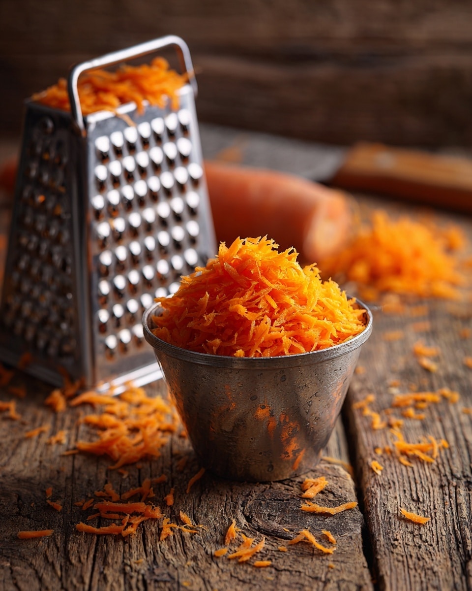 This image shows a metal measuring cup filled with bright orange shredded carrot pieces piled high, placed on a wooden surface with more shredded carrots scattered around it. Behind the cup, there is a metal grater standing upright with more shredded carrots loosely spread near it. The wooden surface has a rough texture and visible grain patterns. photo taken with an iphone --ar 4:5 --v 7