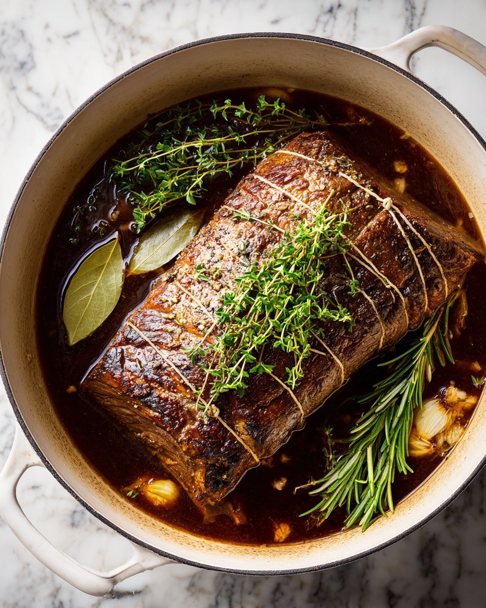 A large, browned roast sits in the middle of a white pot filled with dark, rich broth. Around the roast, there are fresh green herb sprigs including rosemary, thyme, and two bay leaves floating on the surface. The pot rests on a white marbled surface, showing a cozy and rustic cooking scene. The roast is tied with string to hold its shape, and the broth contains small bits of onion and seasoning, giving a textured look to the liquid. Photo taken with an iphone --ar 4:5 --v 7