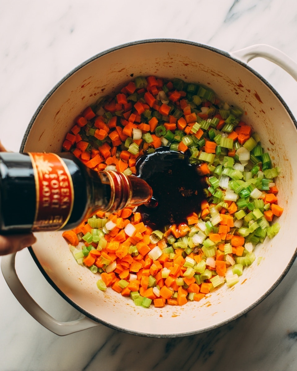 Inside a white pot, small chopped pieces of orange carrots, green celery, and light yellow onions are cooked and spread evenly around the edges. In the center, a dark brown liquid sauce is being poured from a bottle with a red label. The pot appears slightly stained from cooking, and the background is a white marbled surface. A woman's hand is holding the bottle. Photo taken with an iphone --ar 4:5 --v 7
