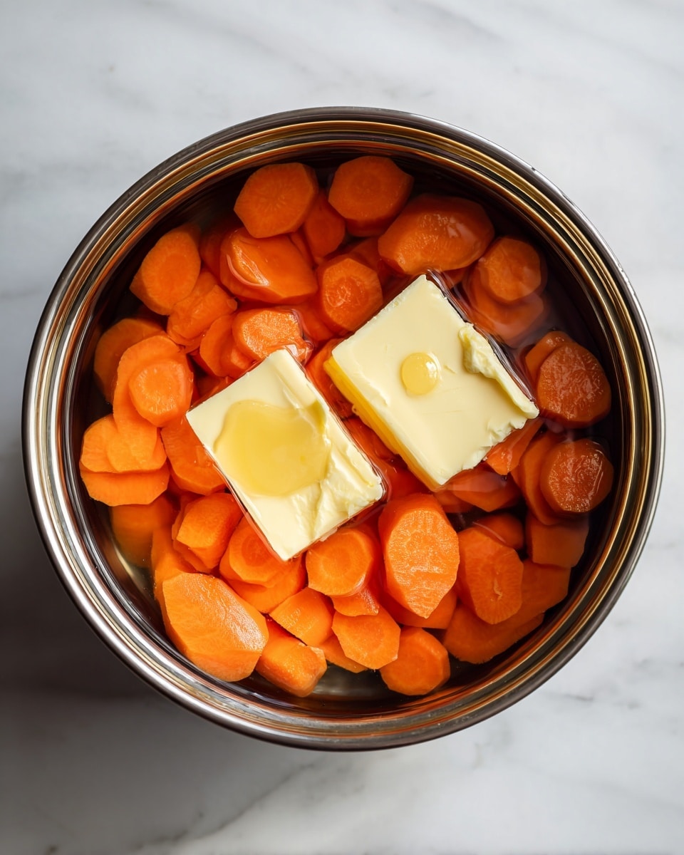 The image shows a pot filled with sliced orange carrots covered by clear water. On top of the carrots, there are two square blocks of pale yellow butter, with a small clear drop of honey or syrup on one block. The pot has a smooth metal inside, and the image is taken on a white marbled surface. The photo is taken with an iphone --ar 4:5 --v 7