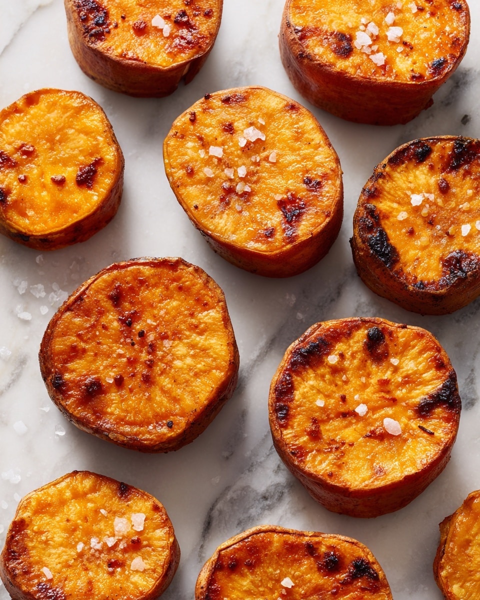 The image shows a close-up of eight small roasted sweet potatoes arranged randomly on a white marbled textured surface. Each sweet potato is golden orange with a slightly crispy and wrinkled outer skin, showing slight browning and char marks in spots. The surface beneath them has a slight shine from oil and small scattered salt grains. The overall look is warm and rustic, focusing on the texture and color of the sweet potatoes. photo taken with an iphone --ar 4:5 --v 7