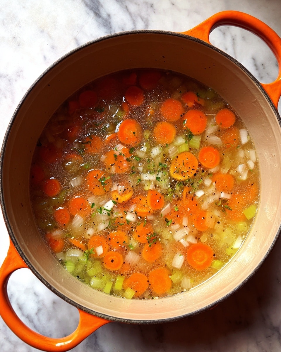A round orange pot with two handles contains a clear broth soup with visible slices of bright orange carrots, small pieces of light green celery, and small chunks of white onions floating on the surface. The soup has a slightly oily texture with tiny black pepper sprinkles throughout. The pot is placed on a white marbled surface. photo taken with an iphone --ar 4:5 --v 7