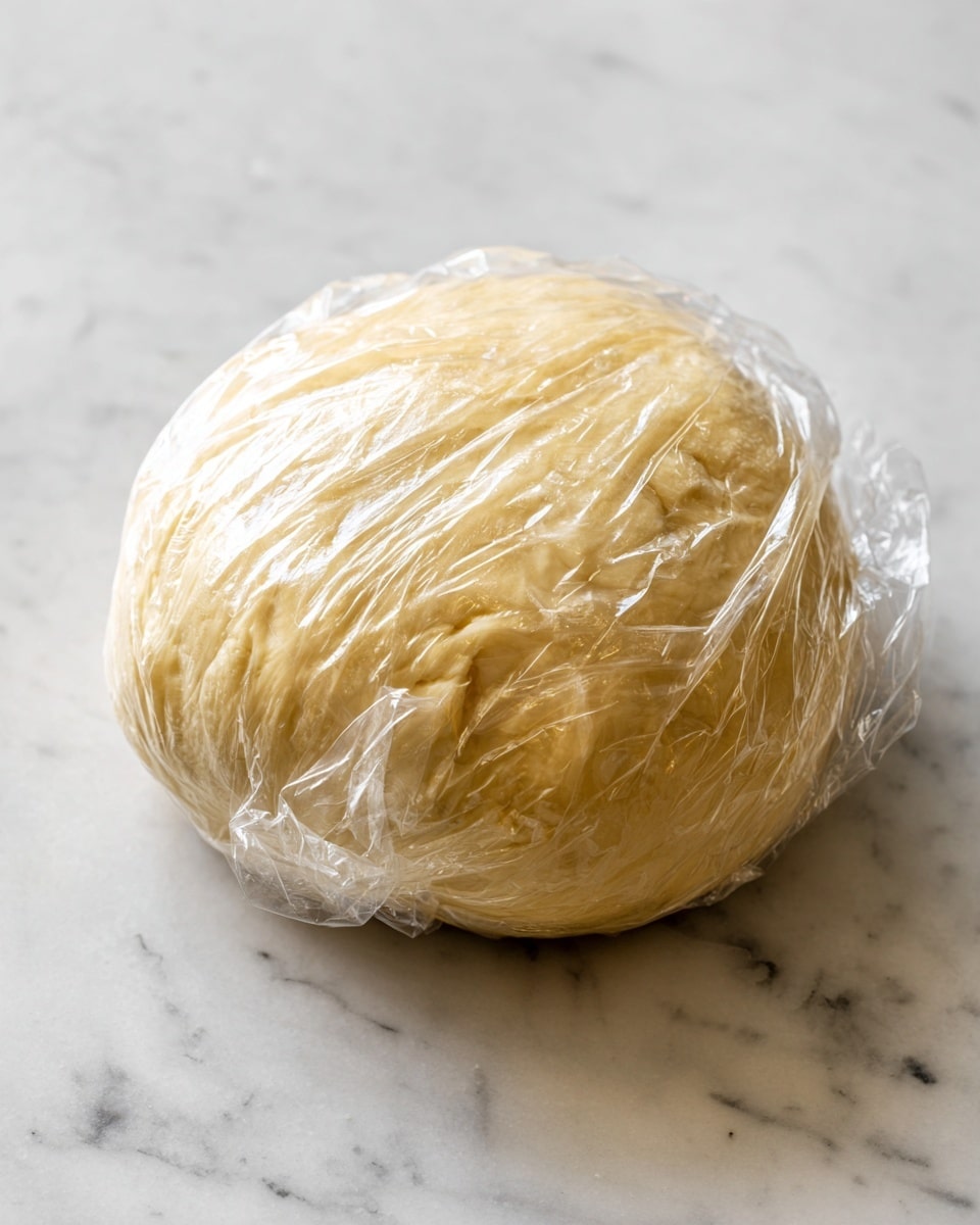 A round dough ball wrapped tightly in clear plastic wrap sits on a white marbled surface. The dough is pale yellow with a smooth texture, showing some small, soft bumps and slight dimples under the plastic covering. The plastic wrap clings closely, creating shiny, crinkled reflections on top of the dough. photo taken with an iphone --ar 4:5 --v 7